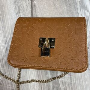 DKNY Bag Brown Leather Chain Logo Evening Bag‎